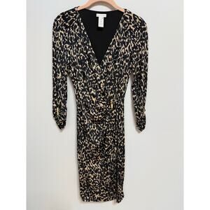 Cache XS 1990’s Y2K leopard cheetah faux wrap cocktail dress black gold ruched